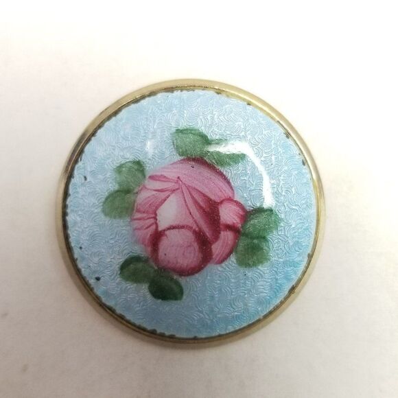 Vintage Pink Enamel Flower Blue Background Round Brooch, Pastel Lapel Pin - Picture 2 of 6